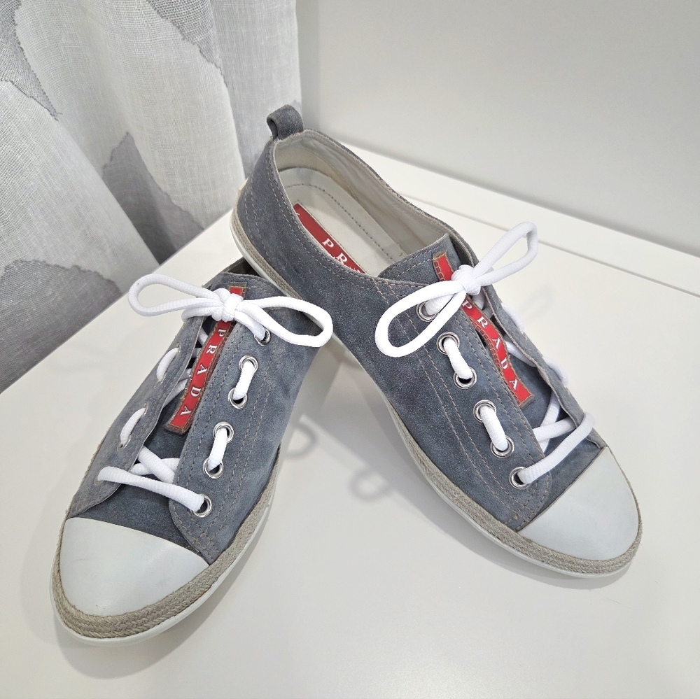 Authentic Prada Linea Rossa Grey Suede Espadrille Sneakers 37.5 3E538